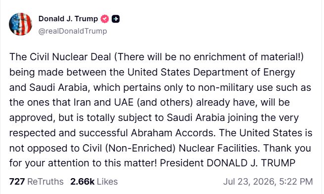 Trump says US-Saudi nuclear deal conditional on country joining Abraham Accords - ANI News