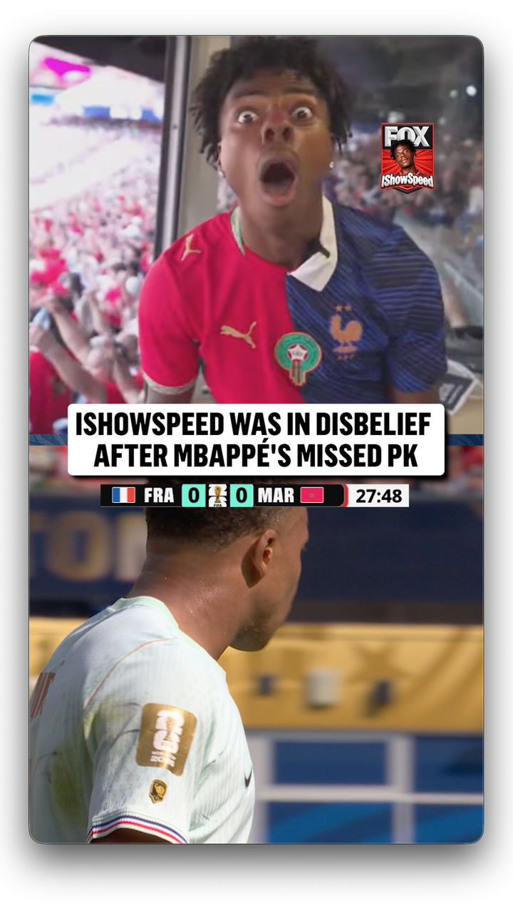 ishowspeed was left stunned seeing Mbappé's first ever FIFA World Cup penalty miss 😳 Stream here: https://www.youtube.com/watch?v=k-OxXMV-RTY - FOX Sports