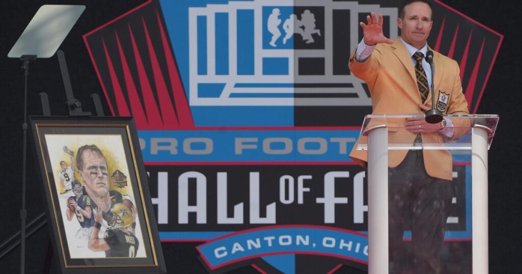 Pro Football Hall of Famer Drew Brees gives his Enshrinement speech during the Pro Football Hall of Fame induction ceremony at - The Missoulian