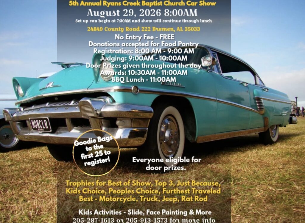 Ryans Creek Baptist Church’s rescheduled 5th annual car show set for Aug. 29 - The Cullman Tribune