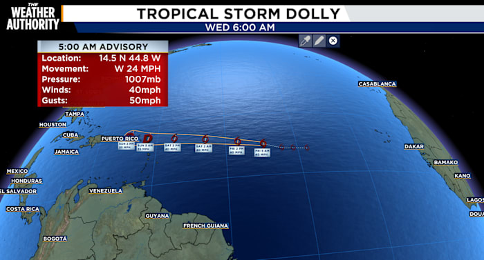 Tropical Storm Dolly is continuing to move to the west across the Atlantic, expected to weaken before reaching Caribbean - News4JAX