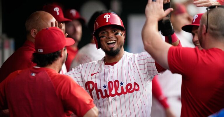 Luis Arraez has 2 hits and 2 RBIs in Phillies debut, Jesús Luzardo tosses 8 innings in win over Nationals - CBS News