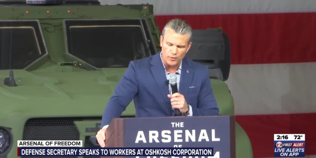 Defense Secretary Pete Hegseth speaks to workers at Oshkosh Corporation - WBAY