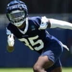Jul 27, 2023; Oxnard, CA, USA; Dallas Cowboys linebacker DeMarvion Overshown (35) wears a Guardian helmet cap during training camp at Marriott Residence Inn-River Ridge Playing Fields. Mandatory Credit: Kirby Lee-USA TODAY Sports - The Lufkin Daily News