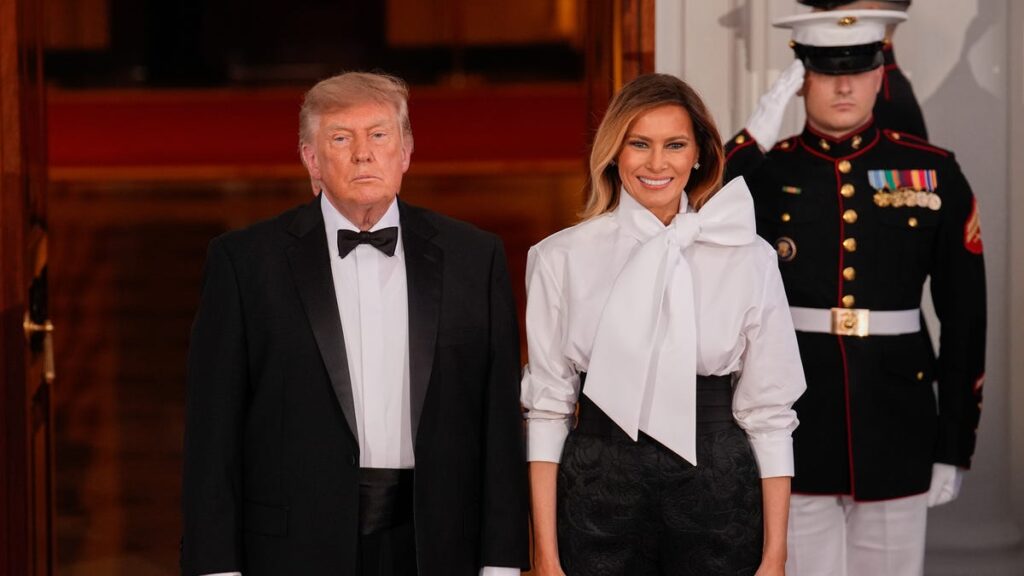 Melania Trump pairs dramatic bow top with black pants for state dinner - USA Today
