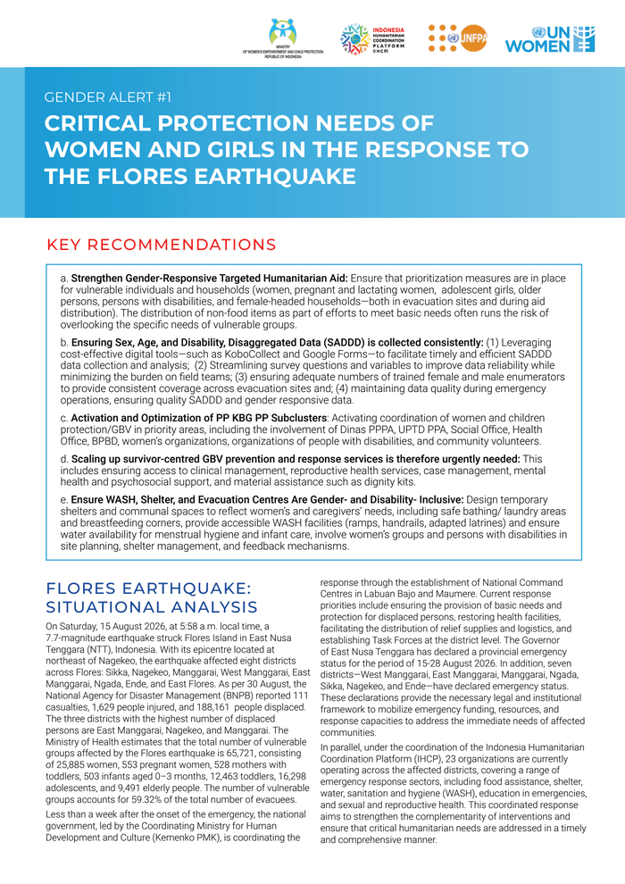 Gender Alert #1: Critical Protection Needs of Women and Girls Following the Flores Earthquake Indonesia - ReliefWeb