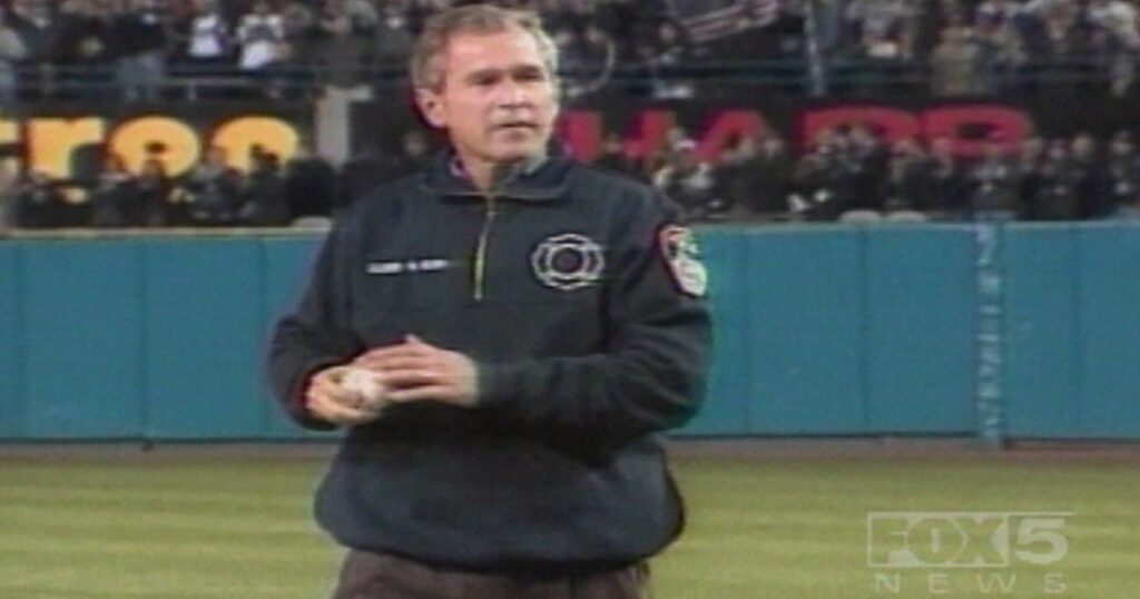 A look back: President George W. Bush first pitch during 2001 World Series - FOX 5 New York