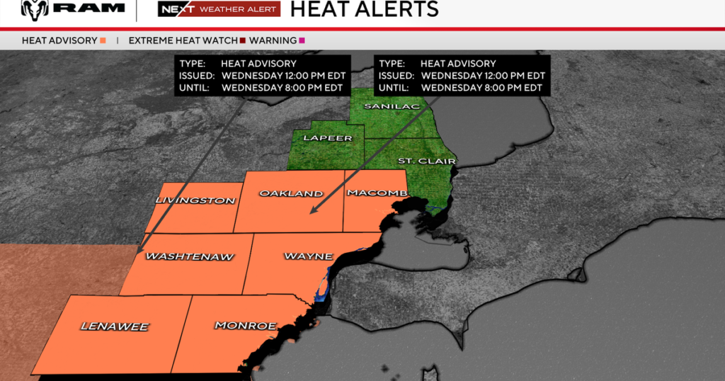 Heat advisory issued for Wednesday afternoon in much of Metro Detroit - cbsnews.com