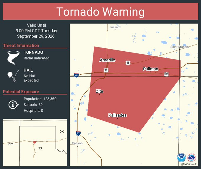 Tornado Warning continues for Amarillo, Palisades and Pullman, Texas until 9:00 p.m. - cedarnews.net