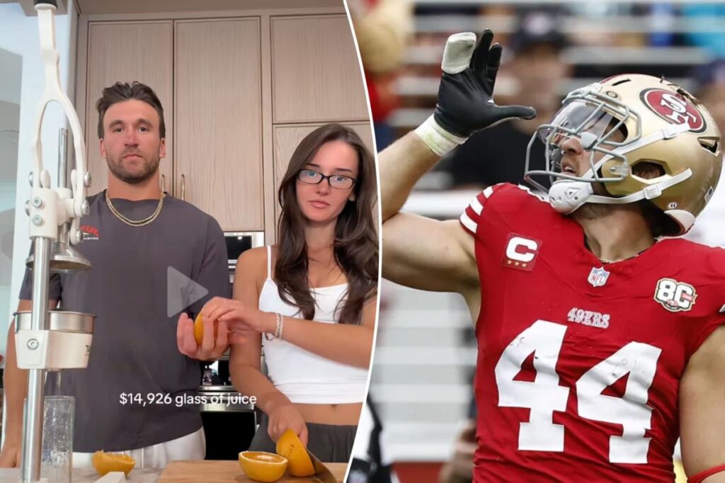 49ers’ Kyle Juszczyk, wife Kristin with legendary mockery of NFL making $15K glass of juice - New York Post