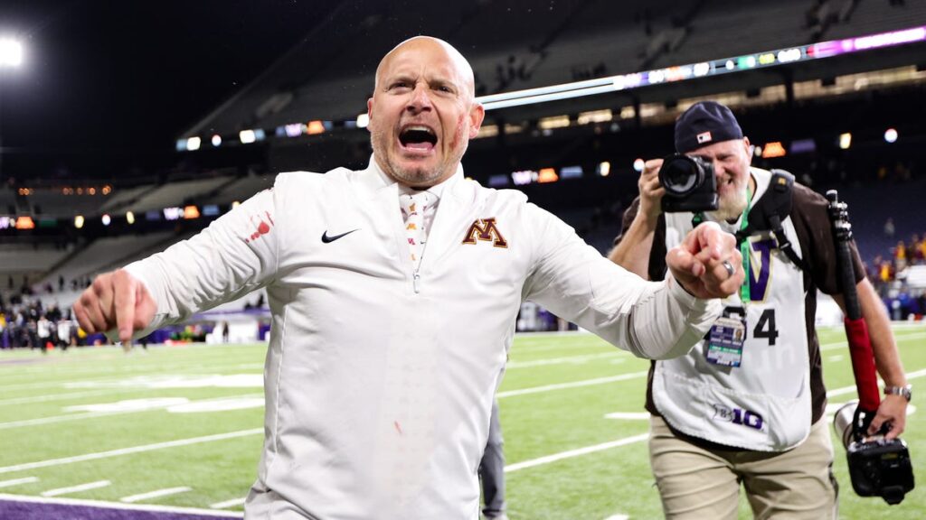 P.J. Fleck crowd surfs on 'Big Noon Kickoff' before Minnesota-Michigan - USA Today