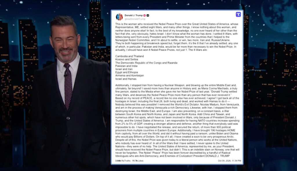 Jimmy Kimmel Mocks Trump’s Nobel Prize Snub Meltdown: ‘Petty Little B*tch’ - Yahoo