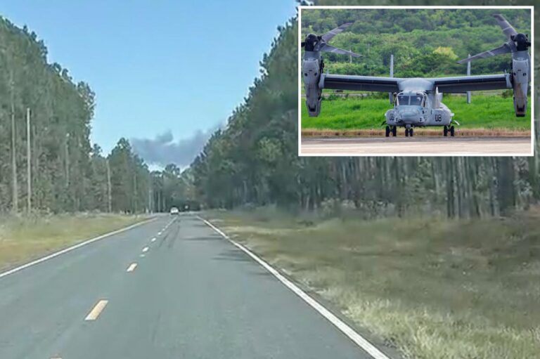 Military aircraft carrying four Marines bursts into flames, hard-lands in North Carolina: reports - New York Post