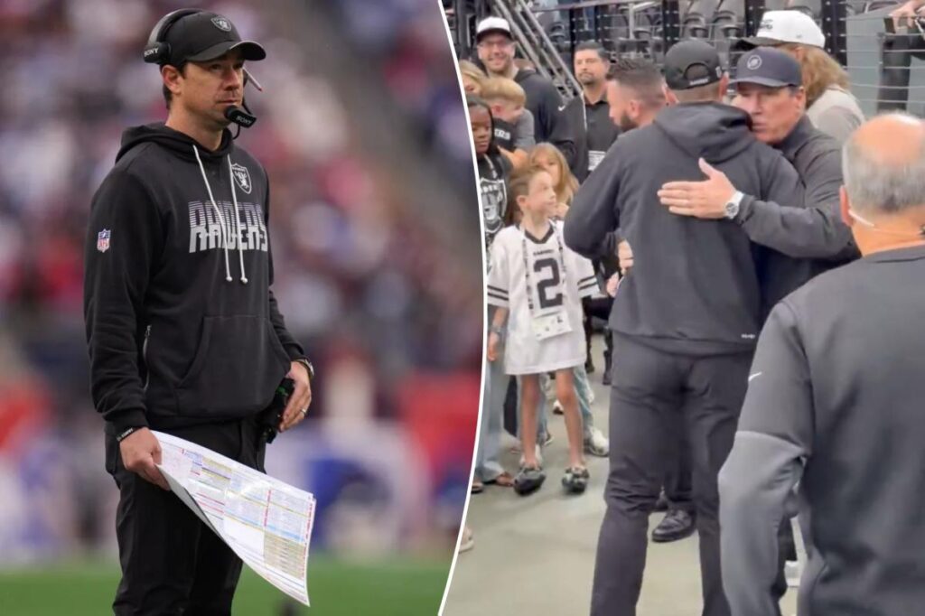Klint Kubiak’s pregame hug with dad Gary adds a family touch to Raiders-Bills - New York Post