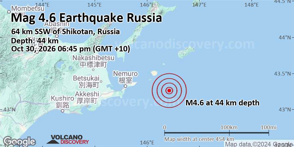 Moderate mag. 4.6 earthquake - North Pacific Ocean, 33 km southeast of Yuri-to Island, Yuzhno-Kurilsky District, Sakhalin Oblast, Russia, on Friday, Oct 30, 2026, at 06:45 pm (GMT +10) - Volcano Discovery